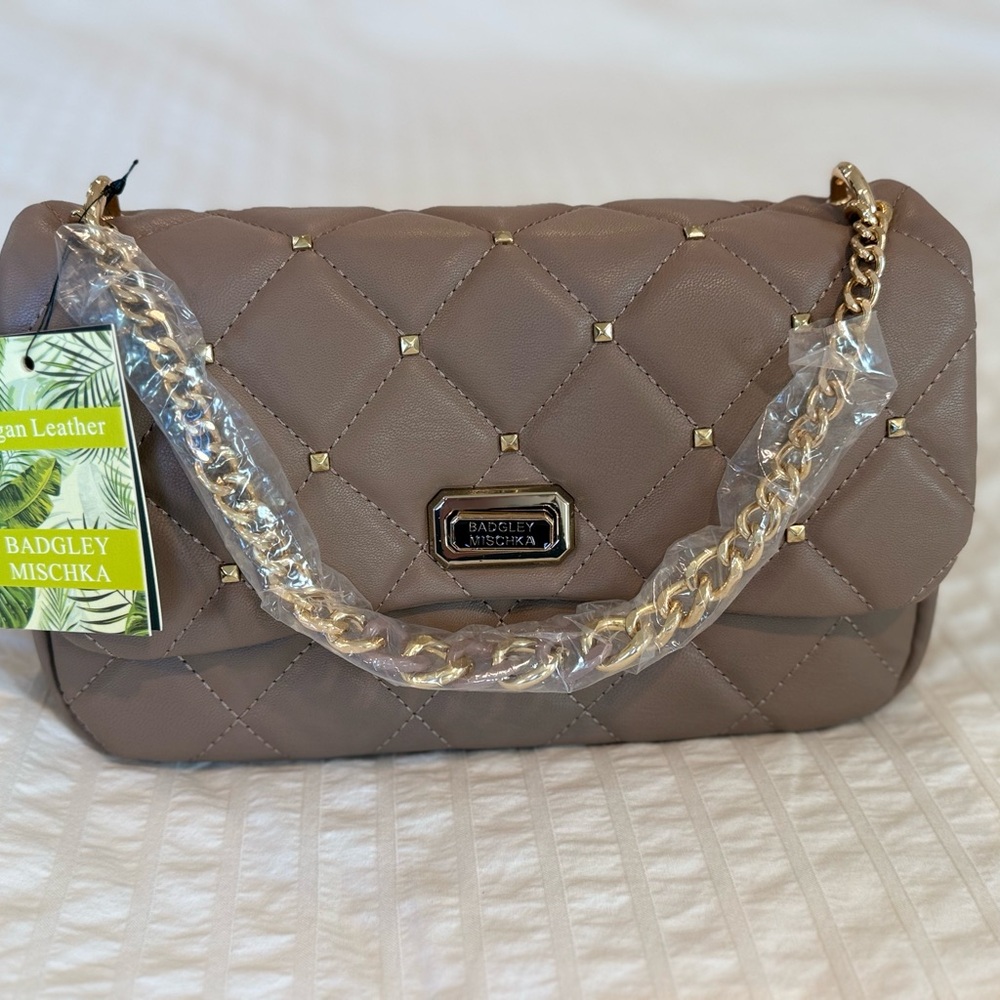 Badgley Mischka Brown Quilted Shoulder Bag with Gold Chain